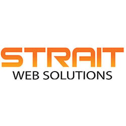 Logo for Strait Web Solutions with “STRAIT” in bold orange uppercase letters above “WEB SOLUTIONS” in smaller black uppercase letters on a white background.