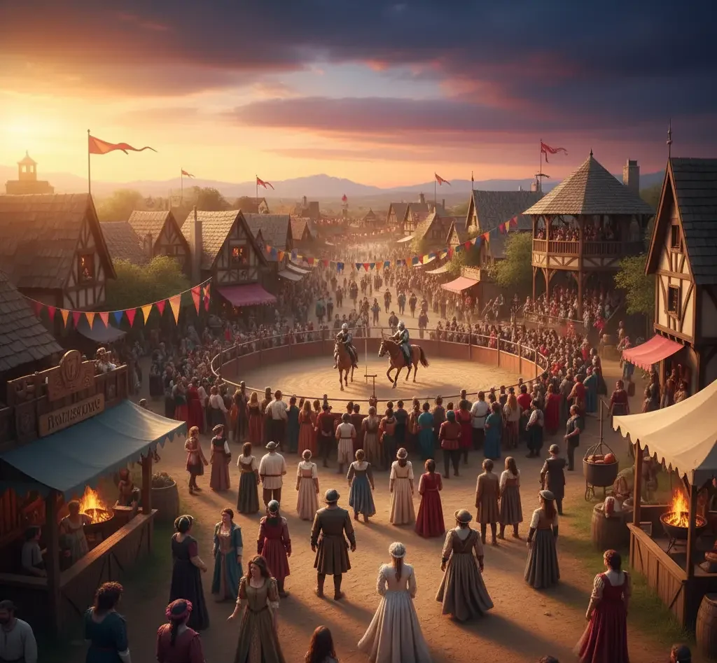 A crowd gathers around a wooden arena in a medieval village for a jousting match, with market stalls and flags visible at sunset.