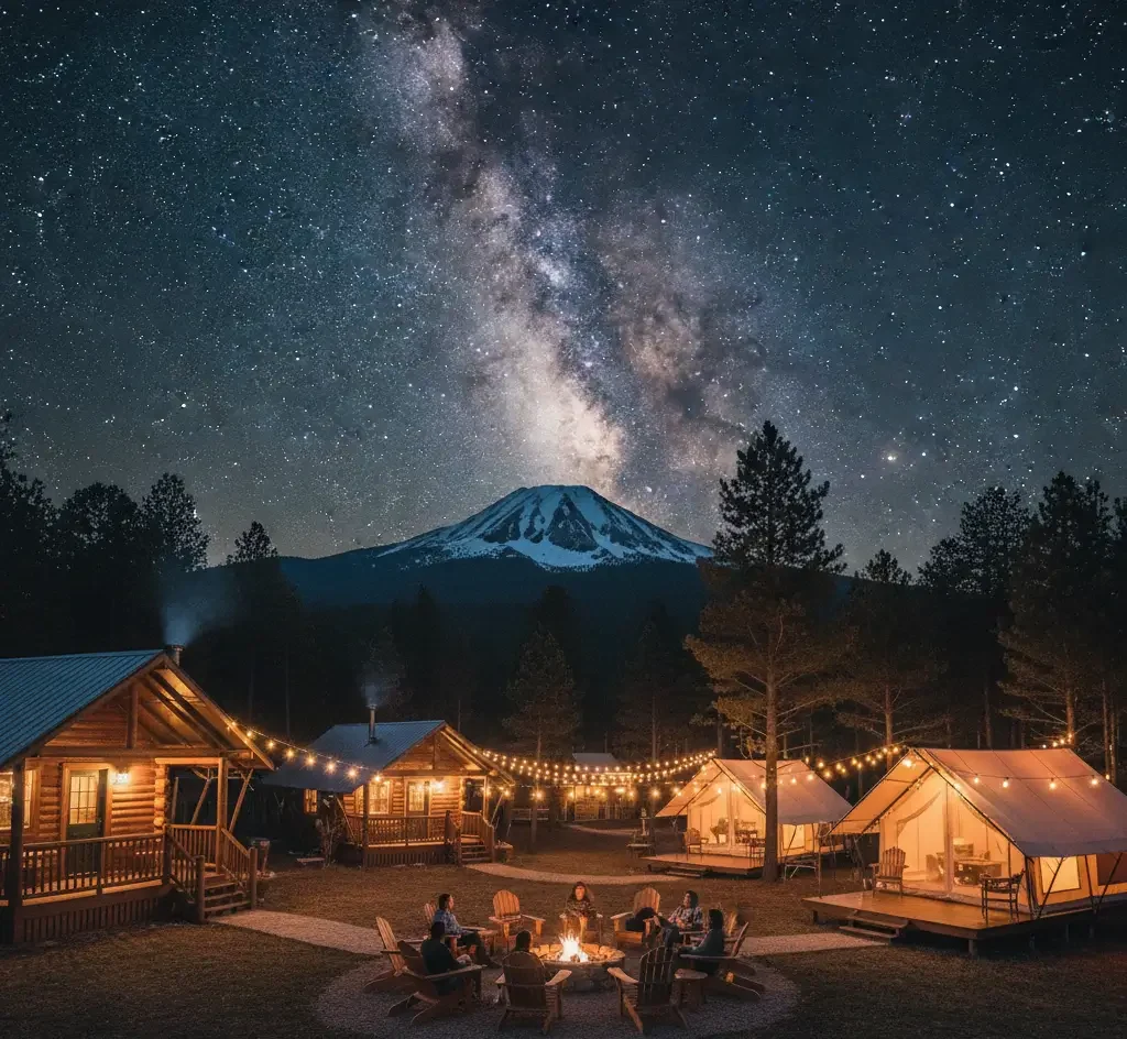 People sit around a campfire at a glamping site with cabins and tents, under a starry sky and the Milky Way, with a snow-capped mountain in the background.