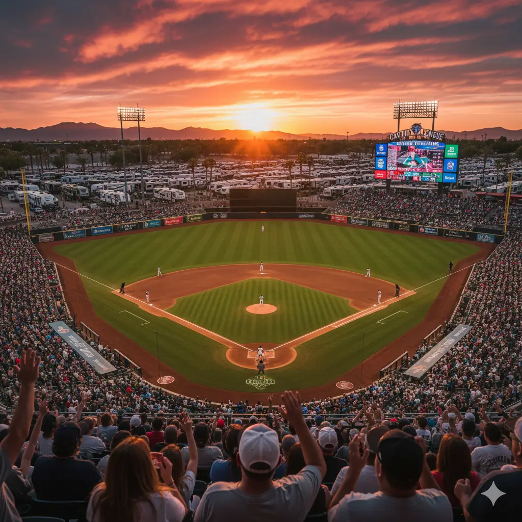 A crowded baseball stadium at sunset, with teams on the field and fans in the stands; scoreboard and lights visible in the background.