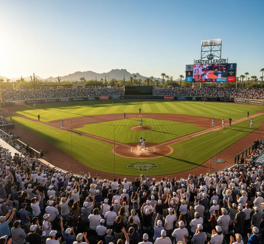 A large crowd watches a baseball game at a stadium during sunset, with players on the field and mountains visible in the background.