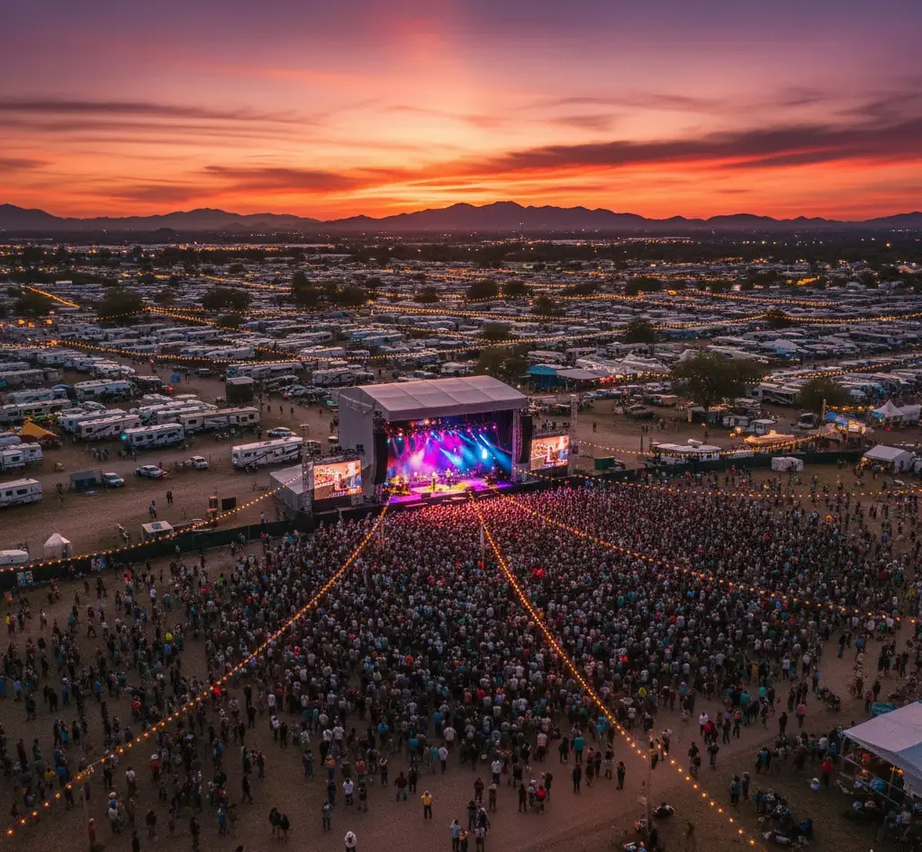 A large crowd gathers at an outdoor concert stage at sunset, surrounded by RVs and lights, with mountains visible in the background.