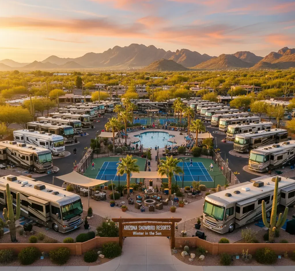 Aerial view of Arizona Snowbird Resorts showing RVs, a central swimming pool, tennis courts, and desert landscaping with mountains in the background.