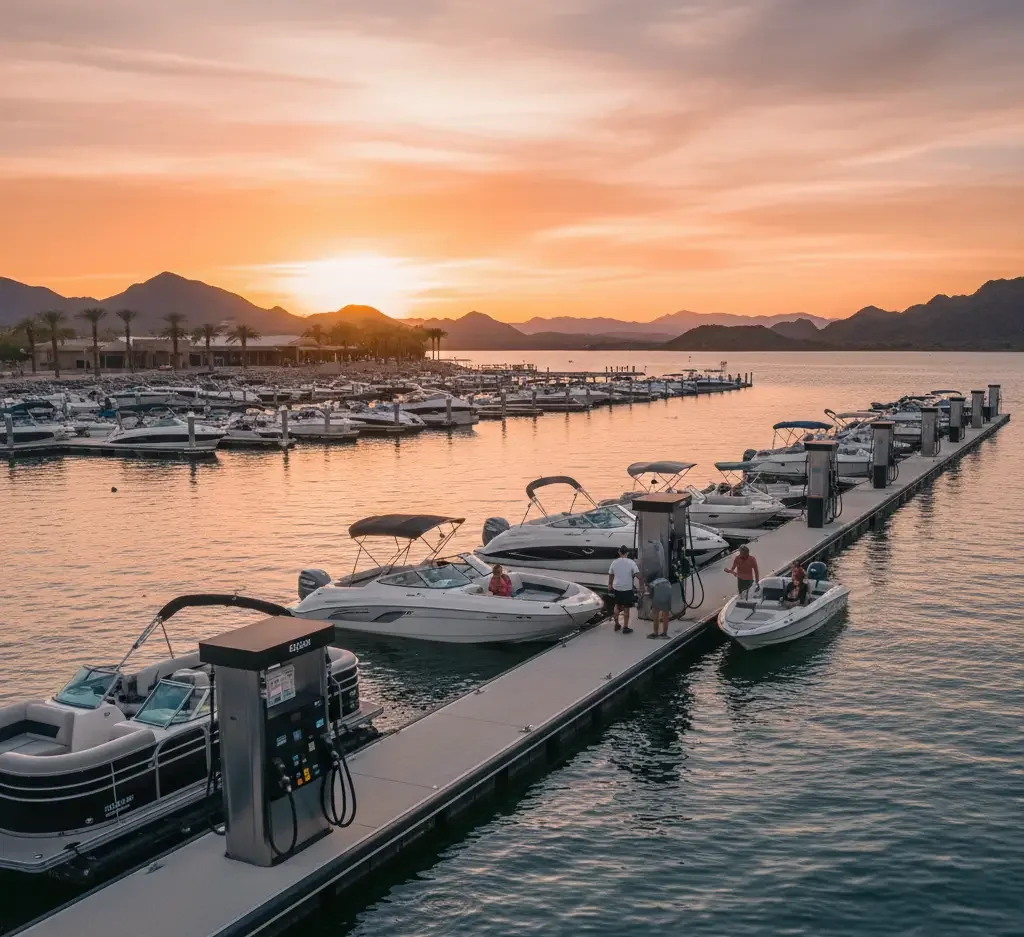 Boats docked at a marina during sunset, with people refueling at a floating gas station; mountains and palm trees in the background.