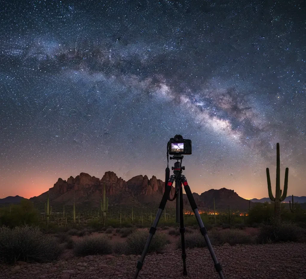 A camera on a tripod is set up in a desert landscape at night, capturing the starry sky and the Milky Way with mountains and cacti in the background.