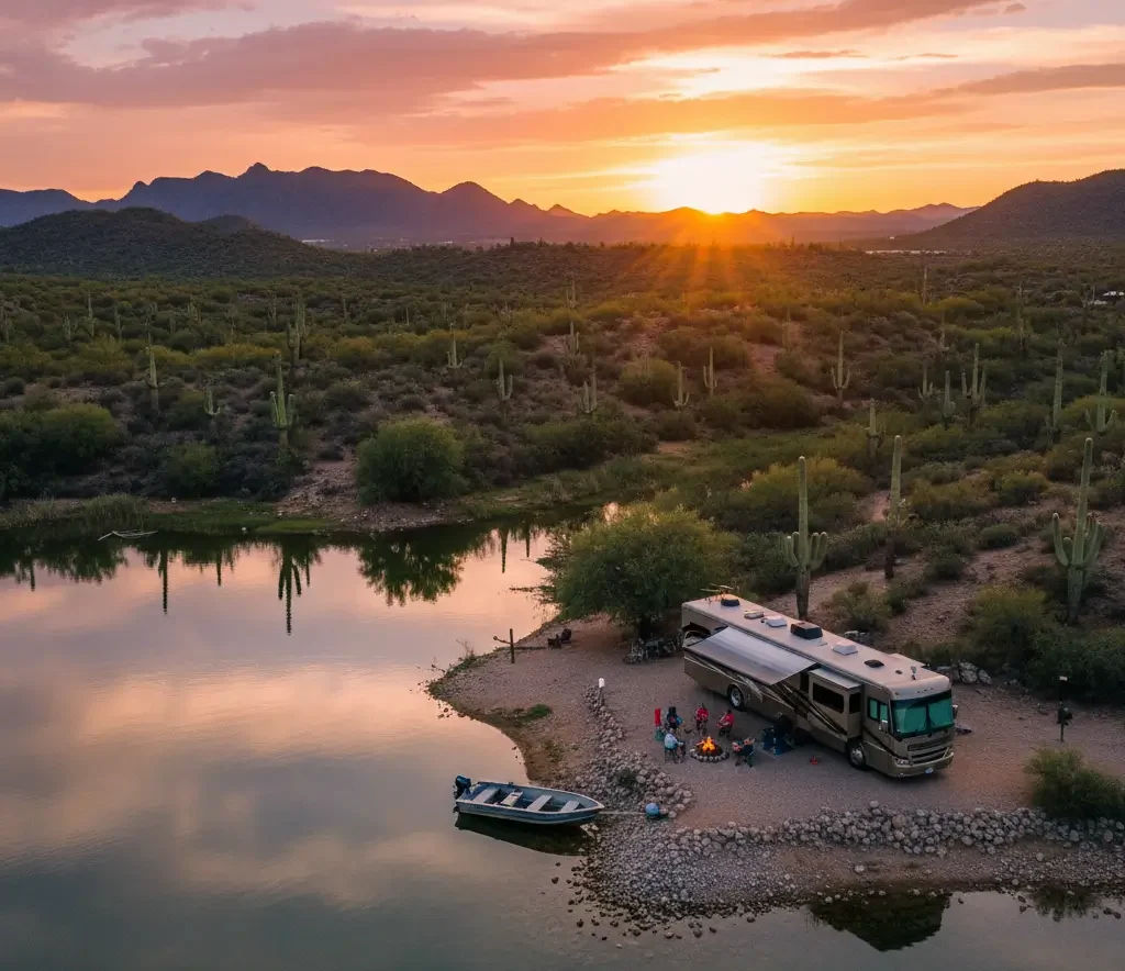 An RV is parked by a lakeshore at sunset, with people gathered around a campfire and a boat on the water, surrounded by cacti and desert landscape.