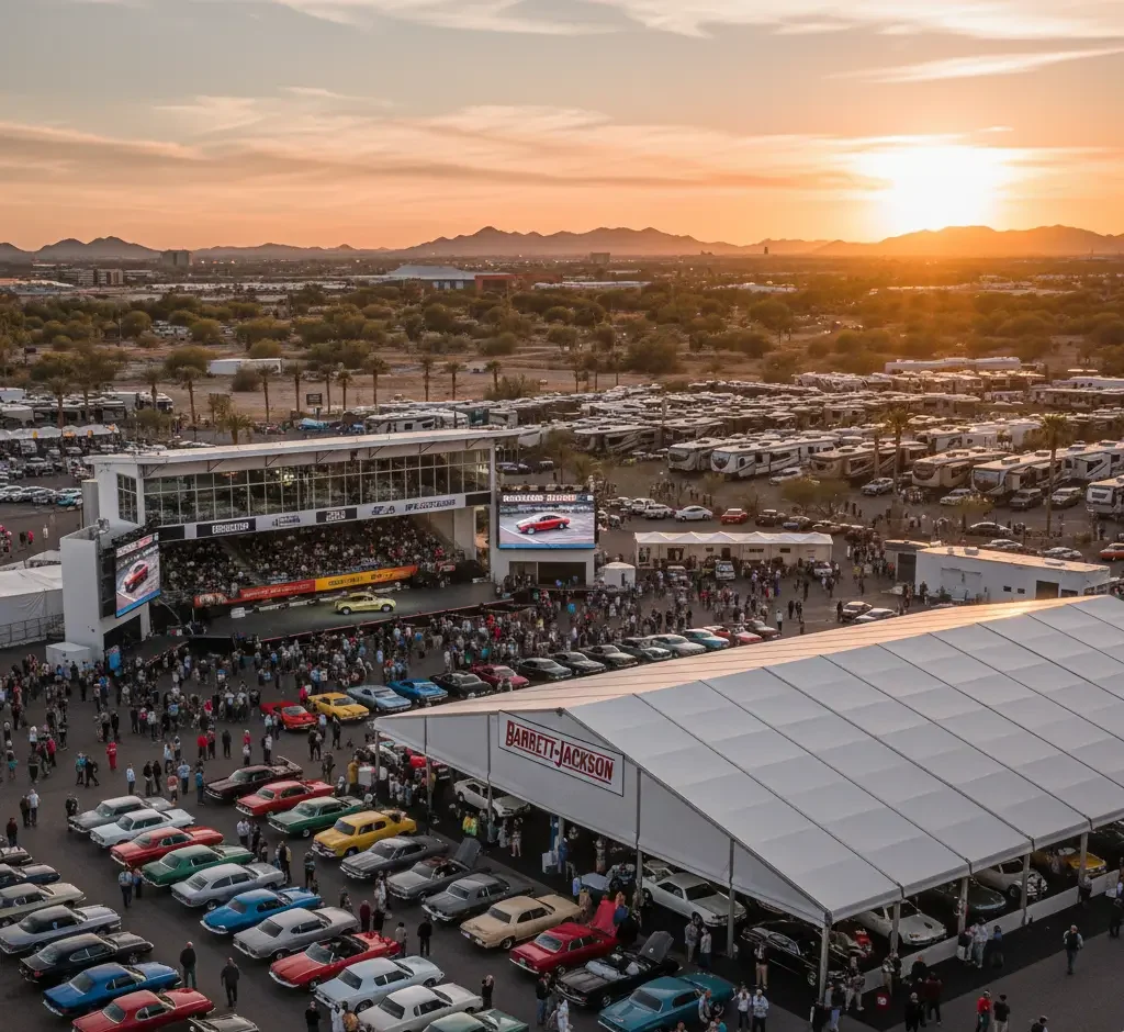 An outdoor car auction event at sunset with rows of classic cars, a large tent, a stage, and a crowd of people; RVs and mountains are visible in the background.