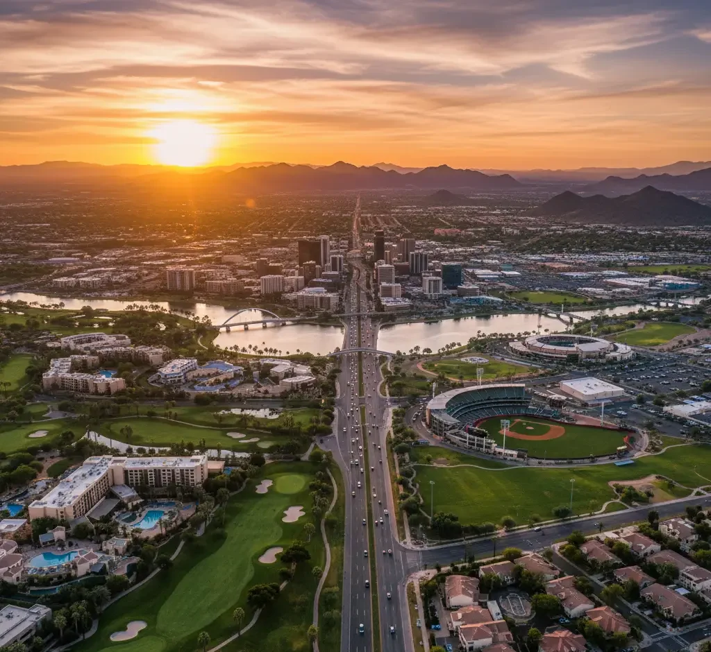 Aerial view of a cityscape at sunset with a main road, a baseball stadium, golf courses, buildings, a river, and mountains in the background.