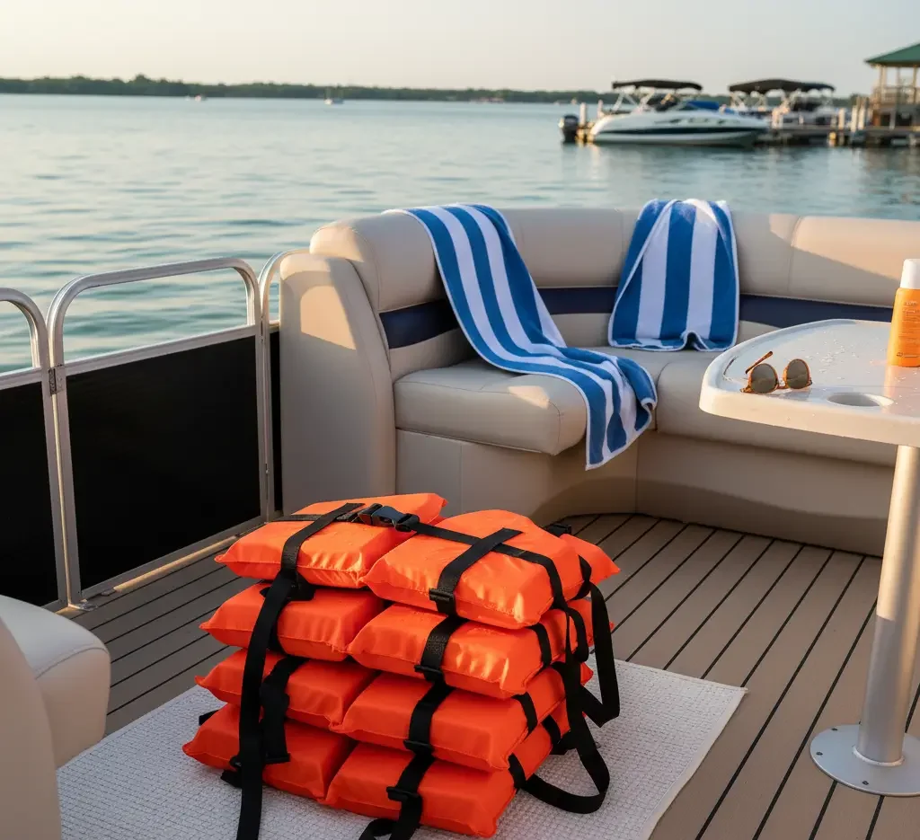 A stack of orange life jackets sits on a pontoon boat deck, with striped towels draped over seats, and a lake with boats and a dock in the background.