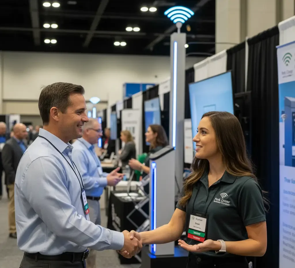 A man and a woman wearing name badges shake hands at a technology trade show booth, with other attendees and displays visible in the background.