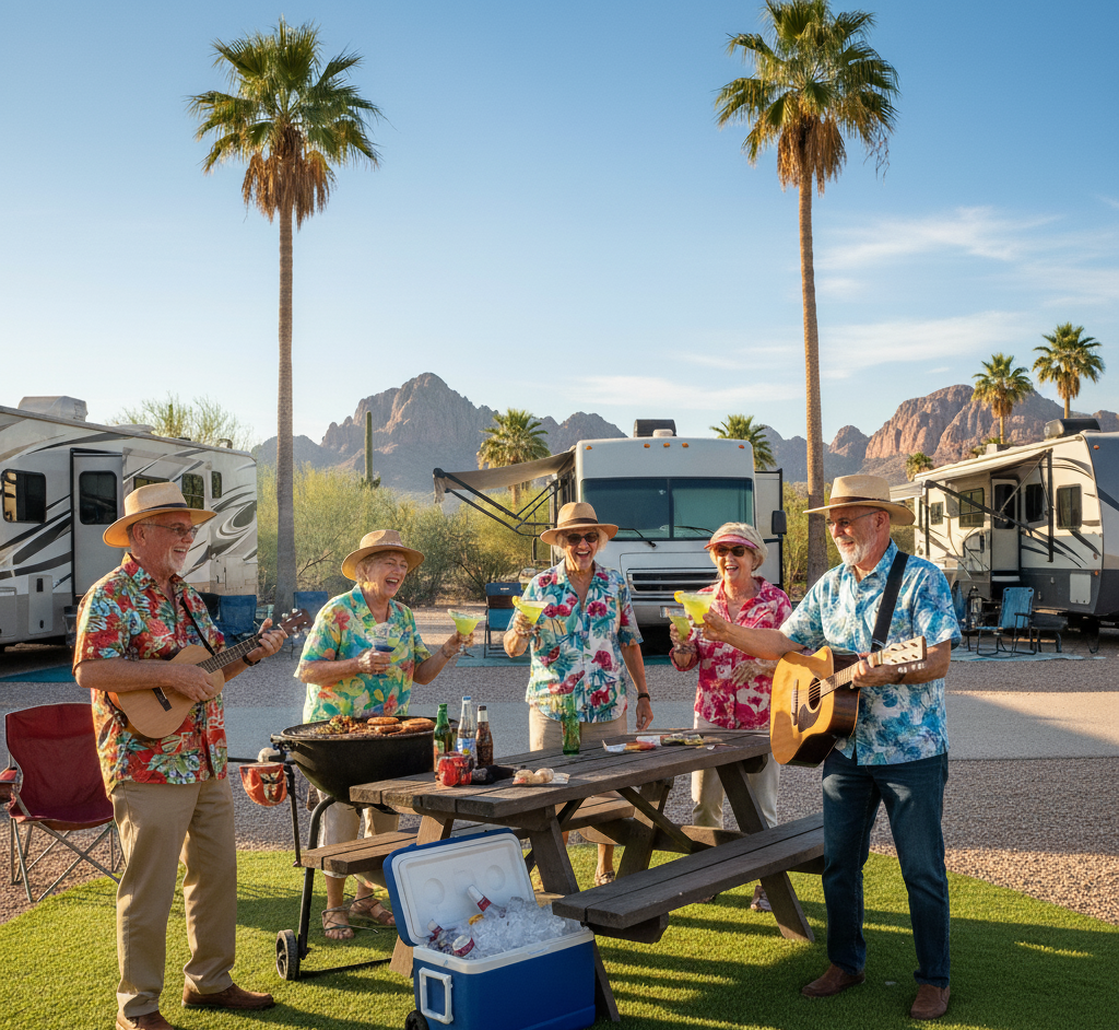 Five older adults in tropical shirts stand by a picnic table with food and drinks, near RVs and palm trees, smiling and holding drinks; one plays a guitar. Mountains are in the background.