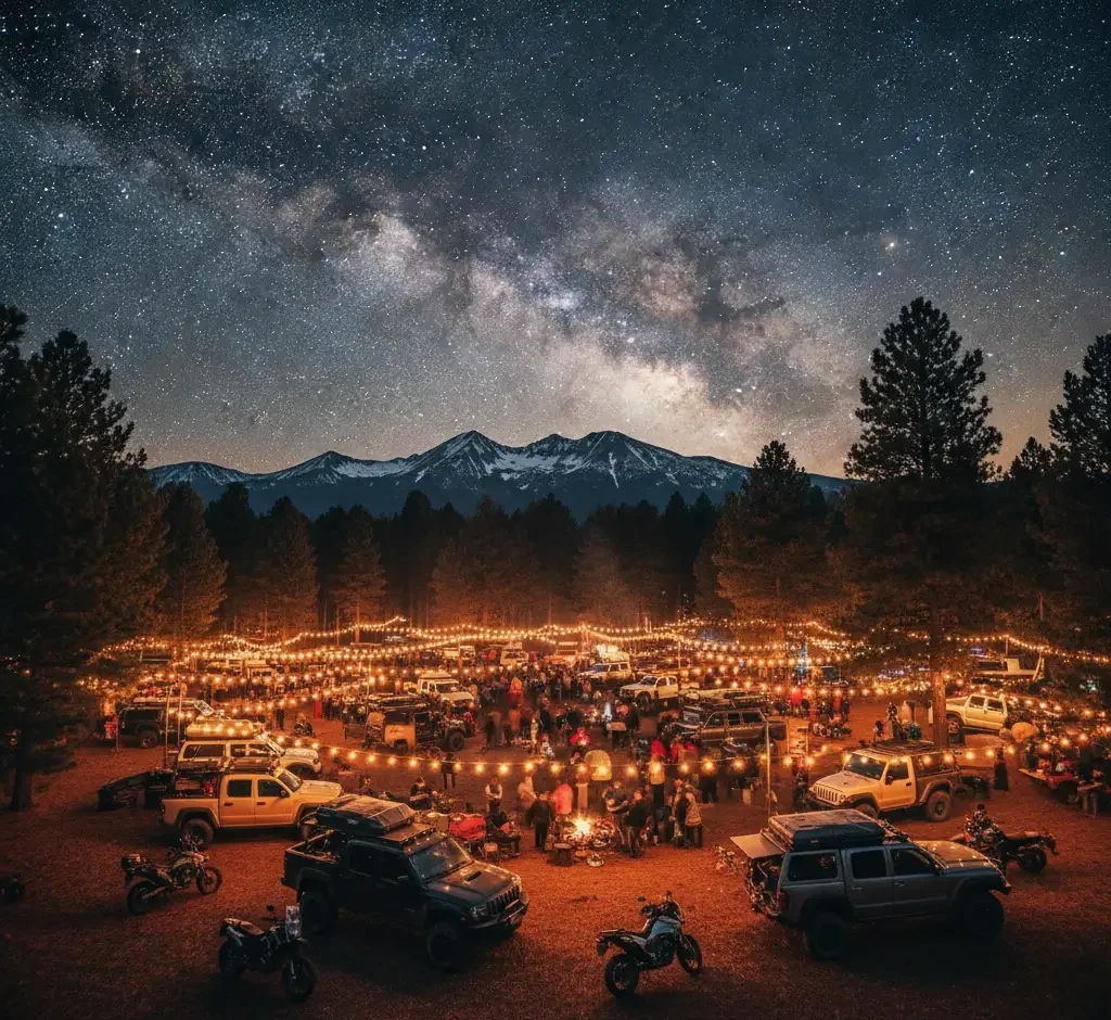 A large group of people and vehicles gathered at a campsite under string lights, surrounded by trees, with mountains and a starry night sky in the background.