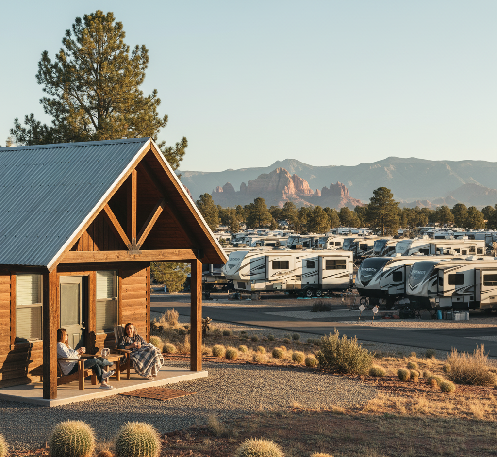 Two people sit on the porch of a small wooden cabin overlooking a large RV park, with desert vegetation and distant red rock formations in the background.