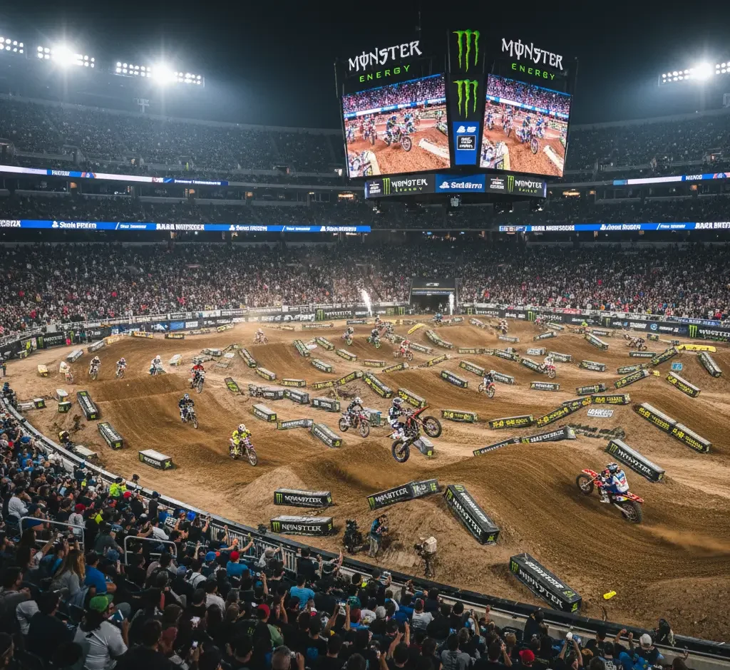 A packed stadium watches a motocross race at night, with multiple riders navigating a dirt track and large screens displaying live footage above the course.