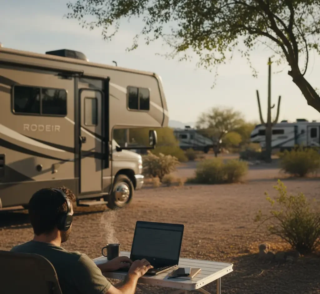 A person wearing headphones works on a laptop at a table beside a parked RV in a desert campground, with other RVs and cacti in the background.
