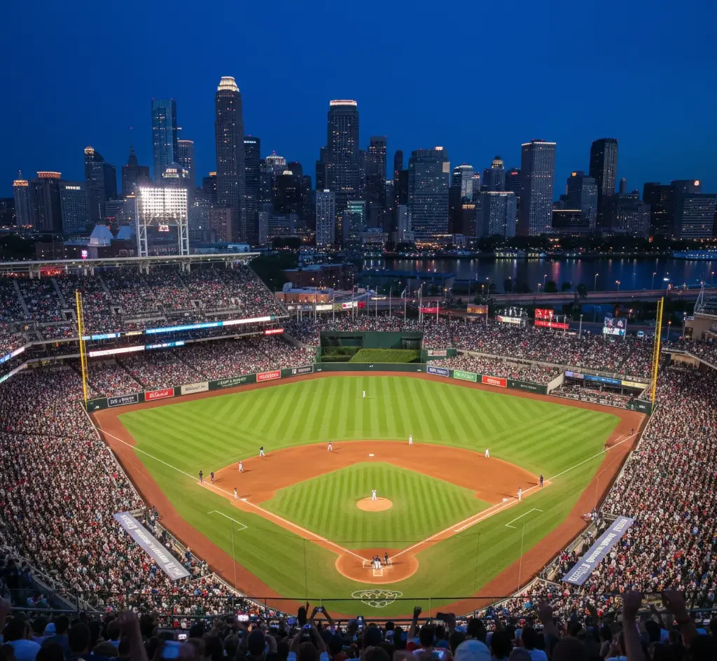 A packed baseball stadium at night with a city skyline in the background, bright lights illuminating the field and crowd.