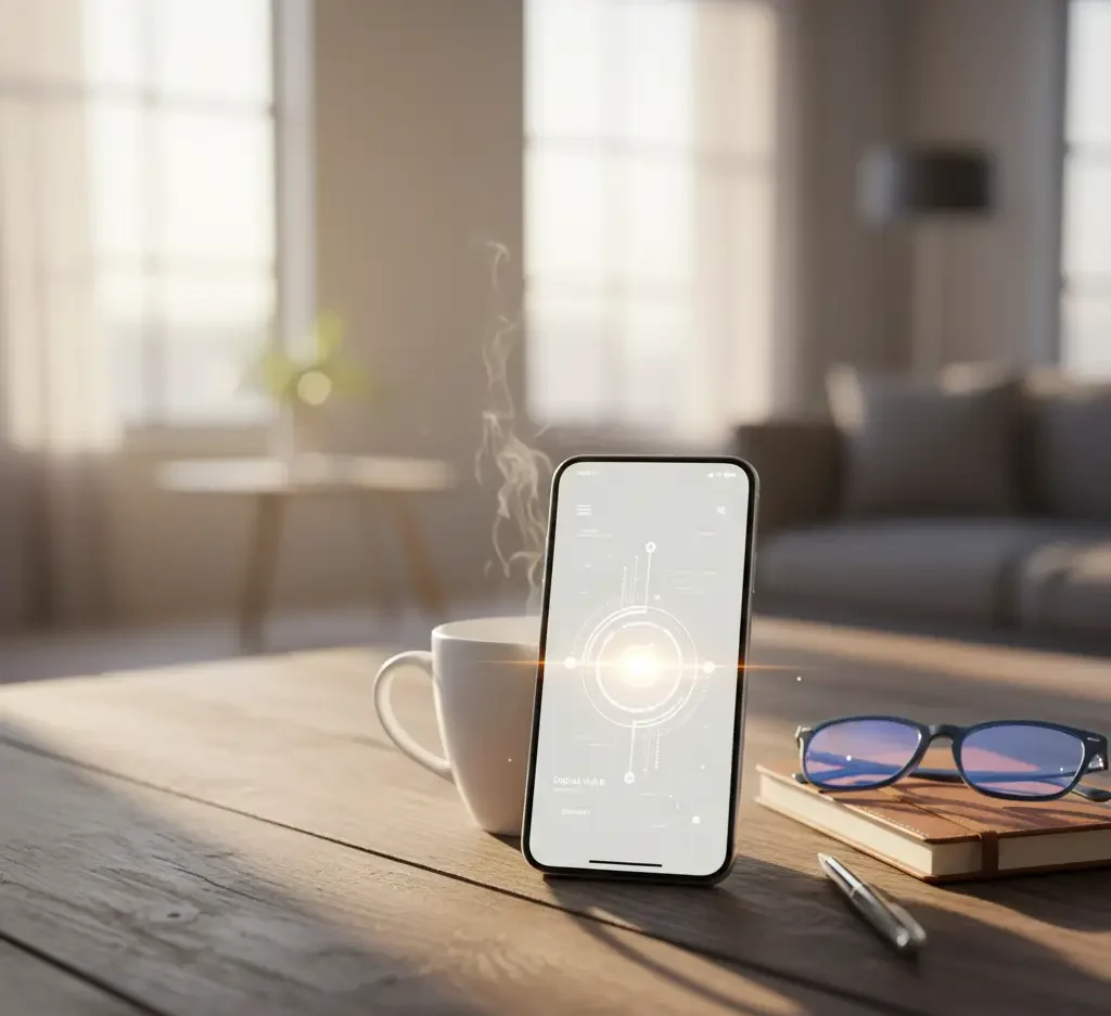 A smartphone stands upright on a wooden table next to a steaming coffee cup, a pair of glasses, a closed notebook, and a pen in a sunlit living room.