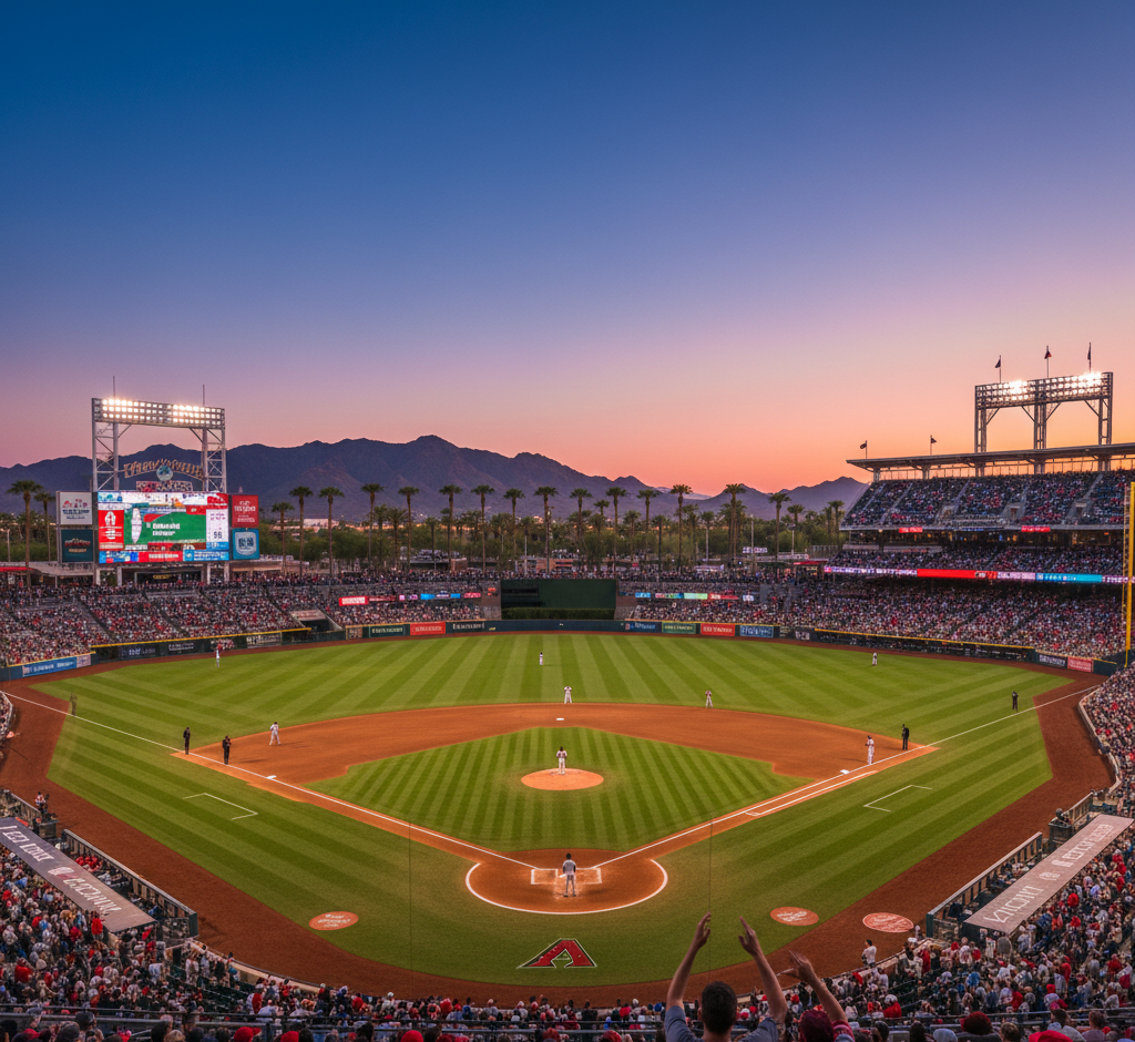 A baseball stadium filled with fans during a game at sunset, with mountains and palm trees visible in the distance.