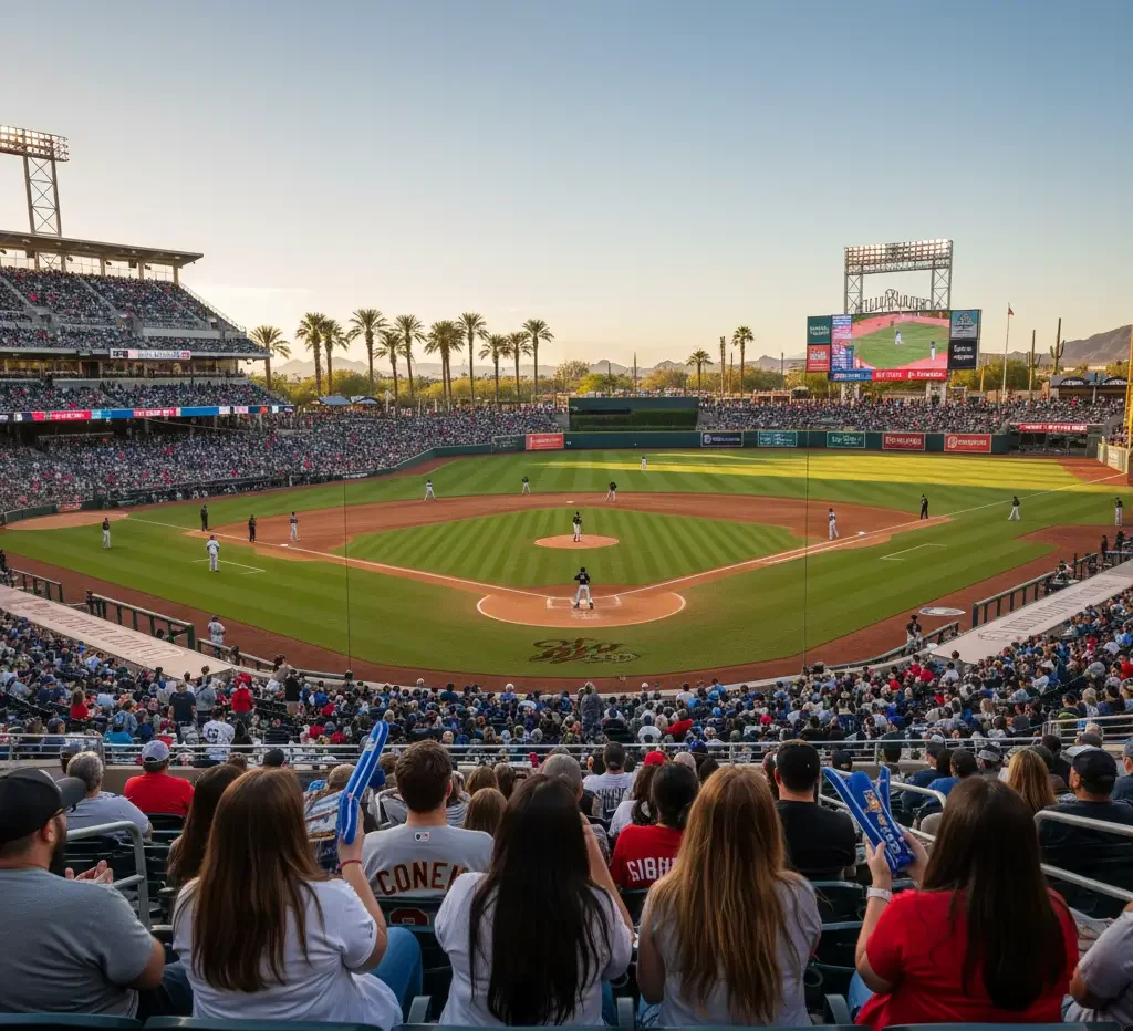 A crowded baseball stadium during a game, with players on the field, fans in the stands, and a large scoreboard visible in the background.