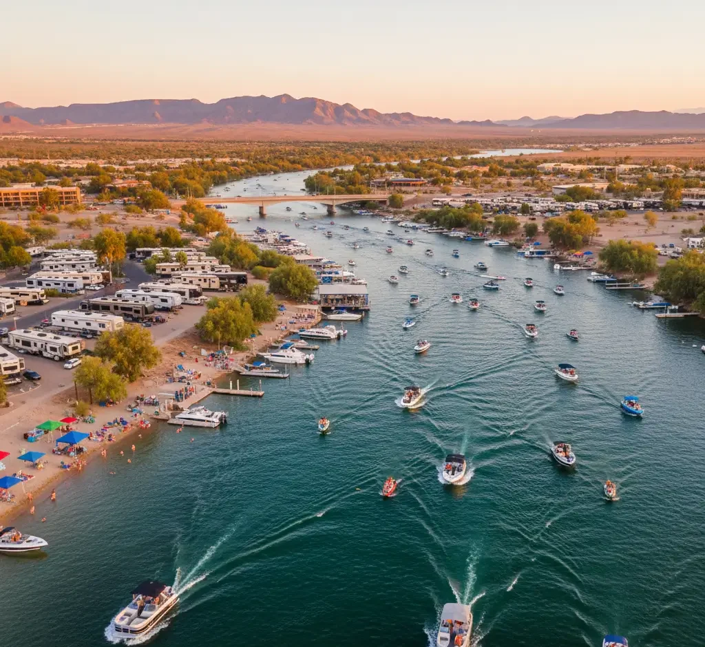 Aerial view of a river crowded with boats near a shoreline lined with RVs, parked cars, and people on a beach; mountains are visible in the background at sunset.