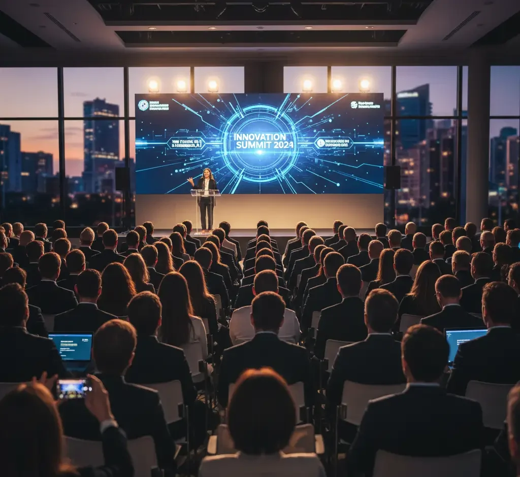A speaker addresses a large audience at the Innovation Summit 2024 in a modern conference room, with city skyline visible through large windows.