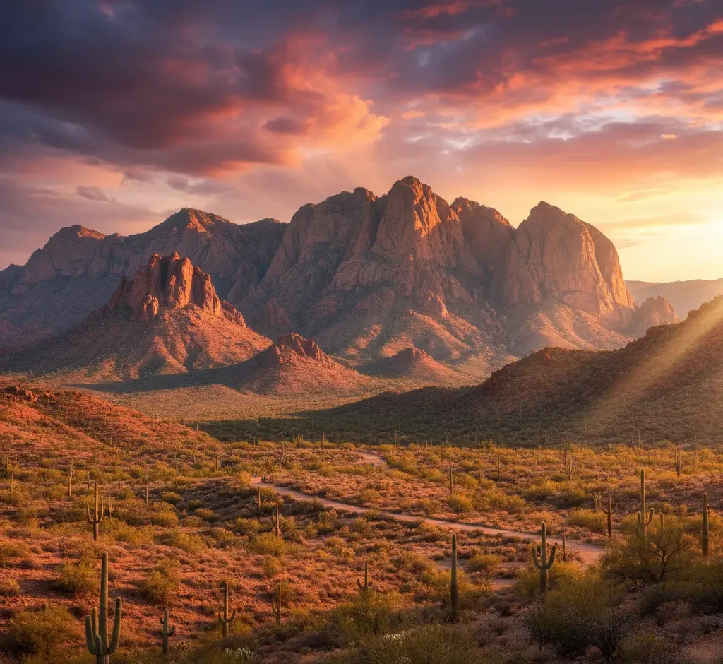 Sunset illuminates rocky mountains and a desert landscape with scattered cacti under a partly cloudy sky.