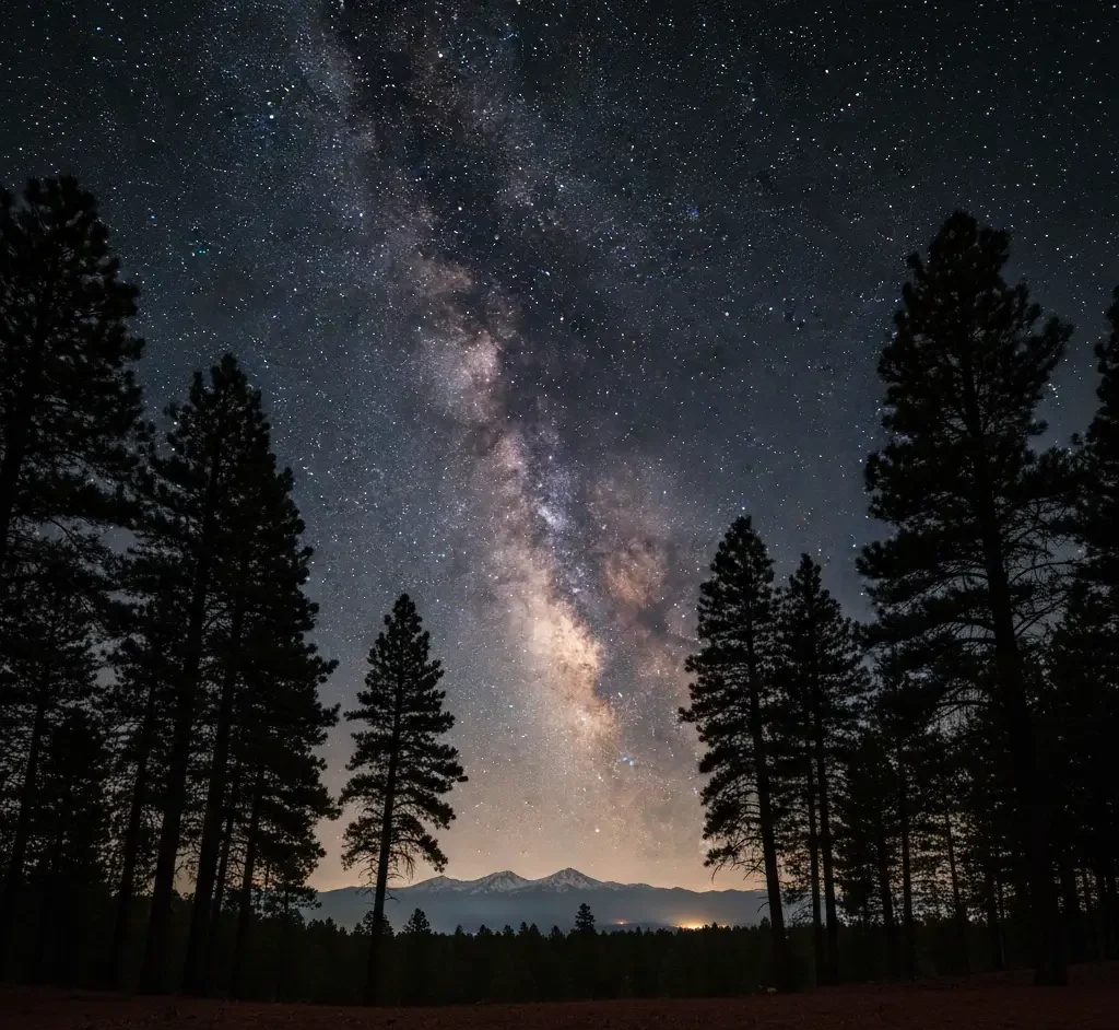 The Milky Way galaxy is visible in a clear night sky above a forest with tall pine trees silhouetted in the foreground and distant mountains on the horizon.