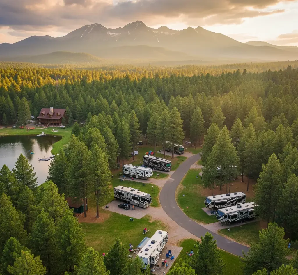 Aerial view of an RV campground in a pine forest with a small lake, cabins, and distant mountains under a partly cloudy sky at sunset.