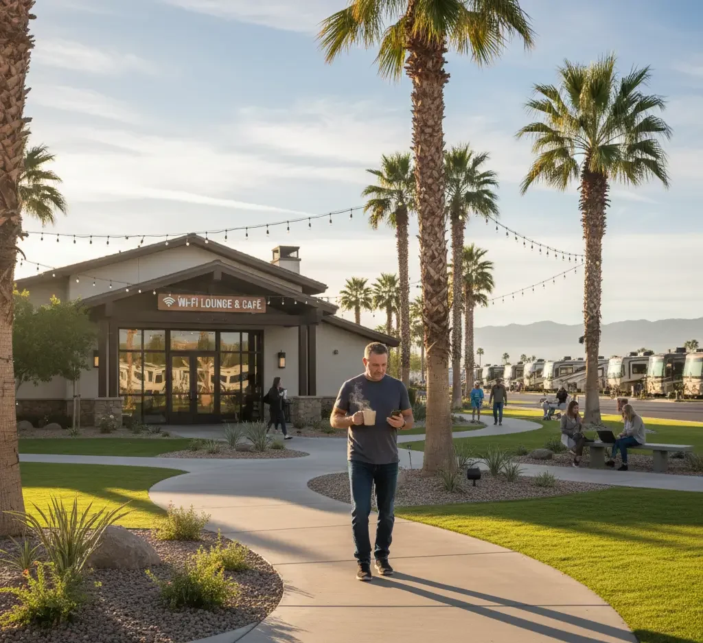 A man walks on a curved sidewalk holding a drink and phone near a Wi-Fi lounge and café, surrounded by palm trees, grass, and parked RVs.