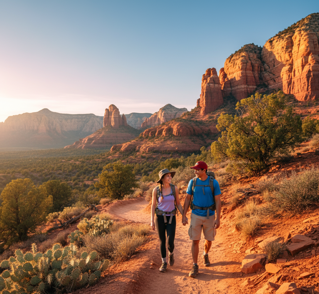 A couple hikes on a desert trail surrounded by red rock formations and sparse vegetation under a clear sky.