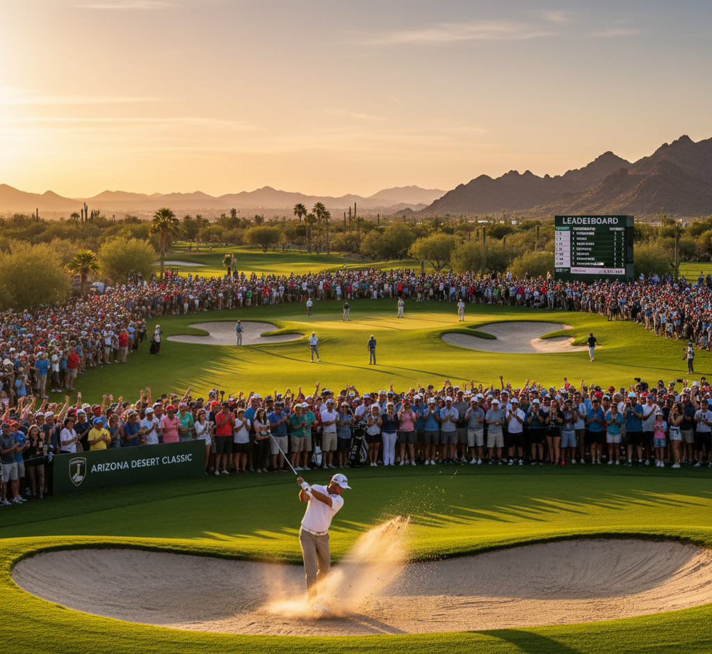 A golfer hits a shot from a sand bunker at sunset during a tournament, with a large crowd, leaderboard, and mountains in the background.