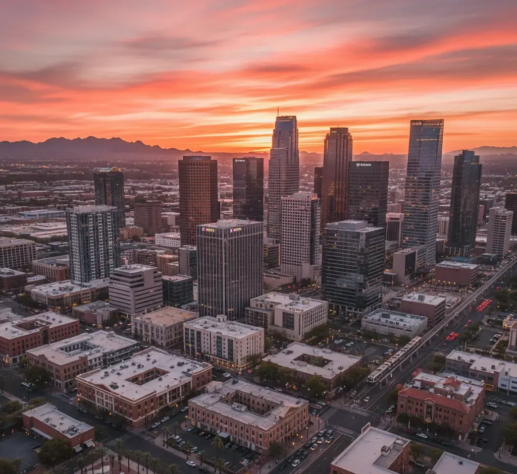 Aerial view of a city downtown with tall buildings and streets below at sunset, with mountains visible in the background and a colorful sky.