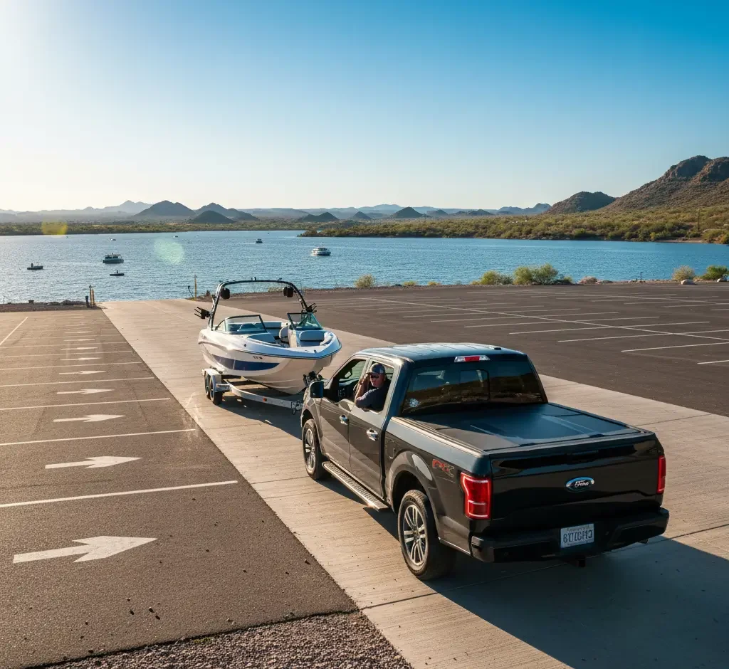 A black Ford pickup truck towing a white motorboat down a boat ramp toward a lake, with mountains and several boats visible in the background.