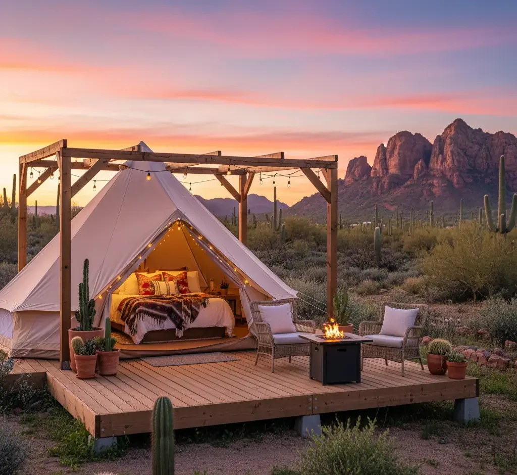 A glamping tent with string lights sits on a wooden deck with chairs and a fire pit, surrounded by desert plants at sunset with mountains in the background.