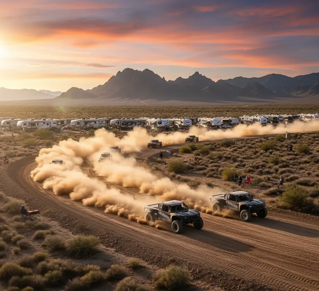 Off-road trucks race on a dusty dirt track at sunset, with spectators and RVs lined up in the background, set against a mountain landscape.
