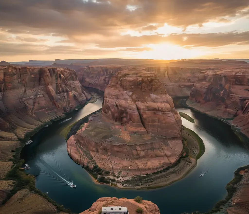 Aerial view of Horseshoe Bend at sunset, with the Colorado River curving around a large rock formation under a partly cloudy sky.