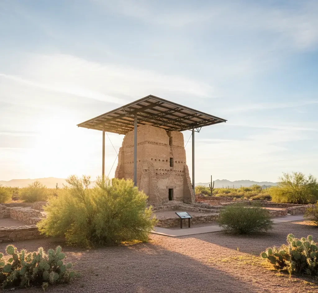 A historic adobe structure stands under a protective metal roof in a desert landscape, surrounded by cacti and shrubs, with the sun low in the sky.