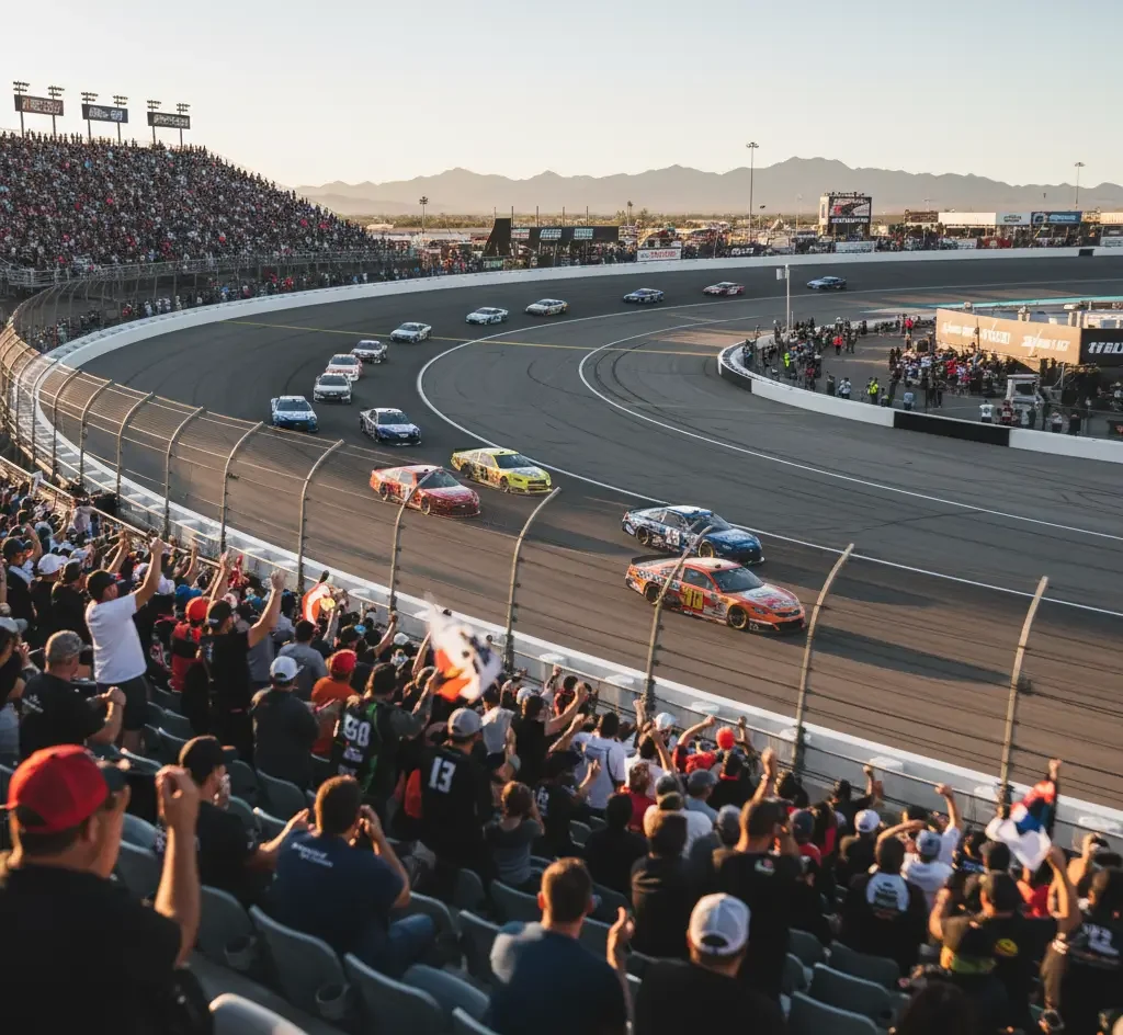 Stock cars racing around a track with a cheering crowd in the grandstands under a clear sky, with mountains visible in the background.