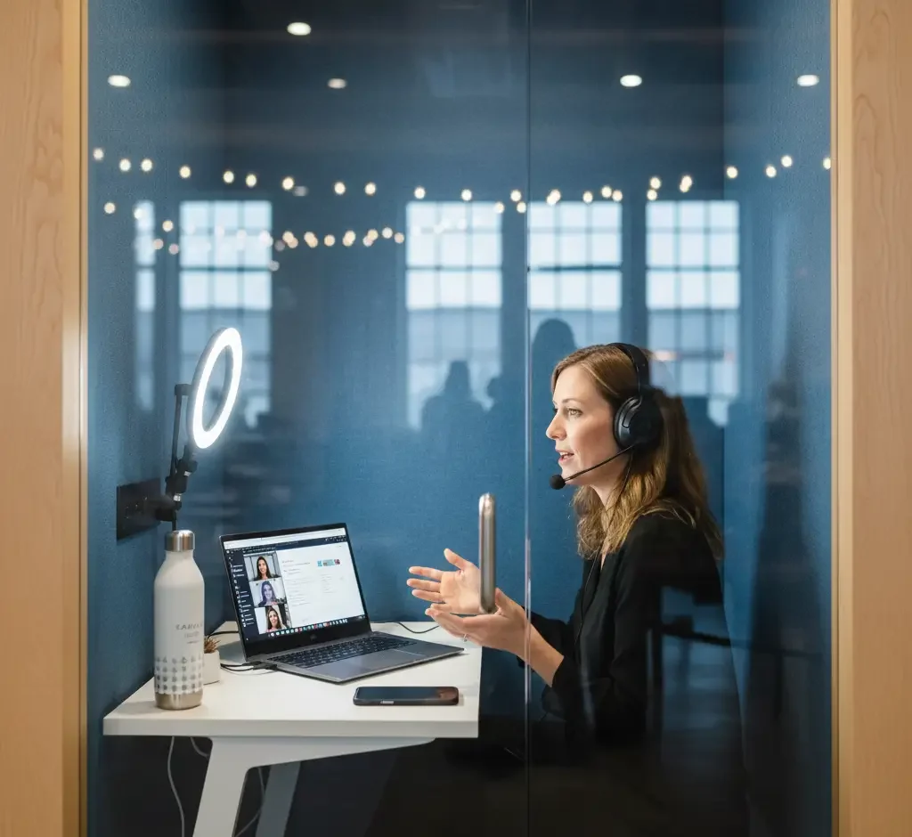 A woman wearing a headset sits at a desk in a small office booth, speaking during a video call on her laptop, with a ring light and water bottle nearby.