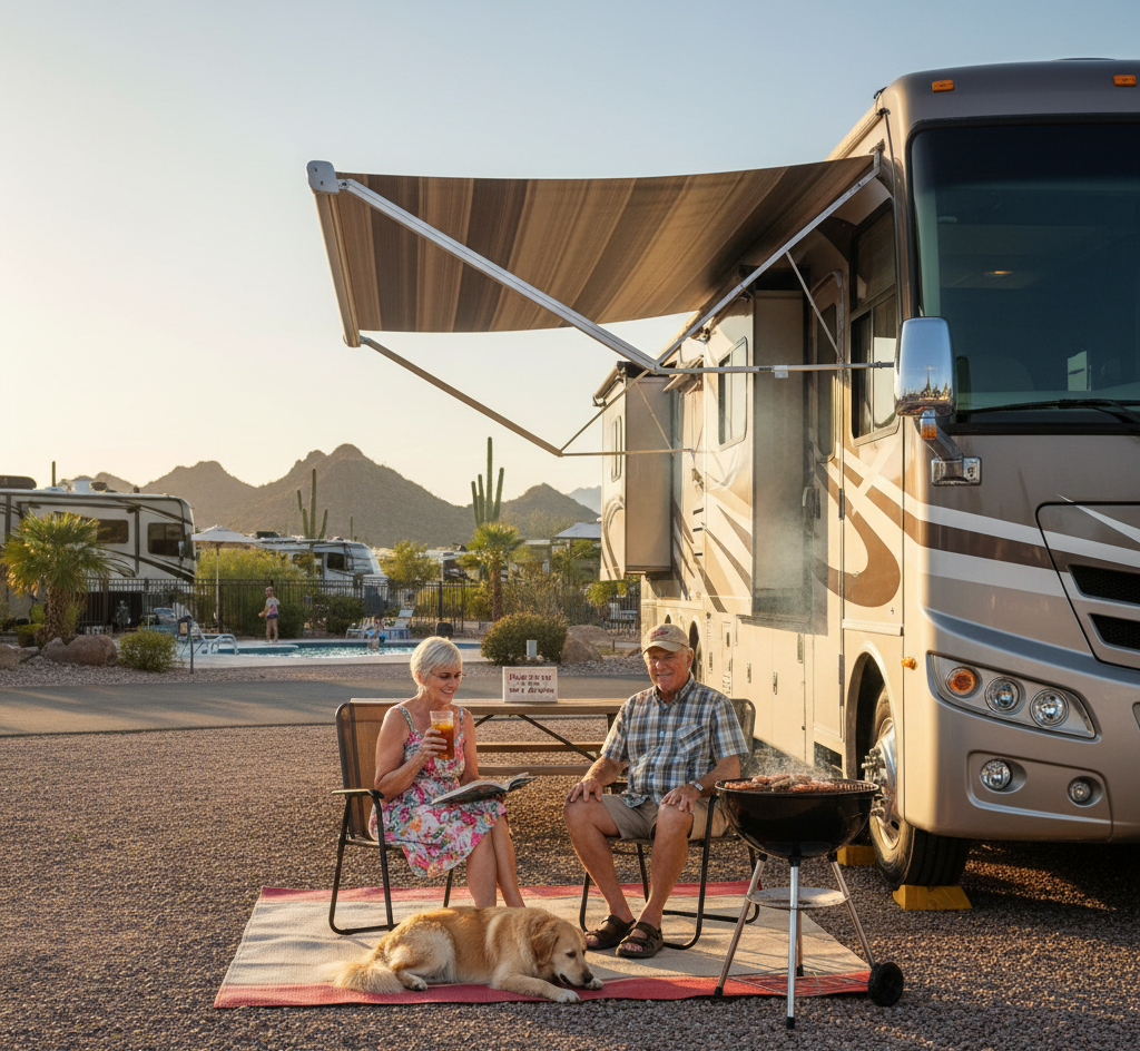 An older couple sits by a grill and drinks outside their RV, with a dog lying nearby. Mountains and other RVs are visible in the background under a clear sky.