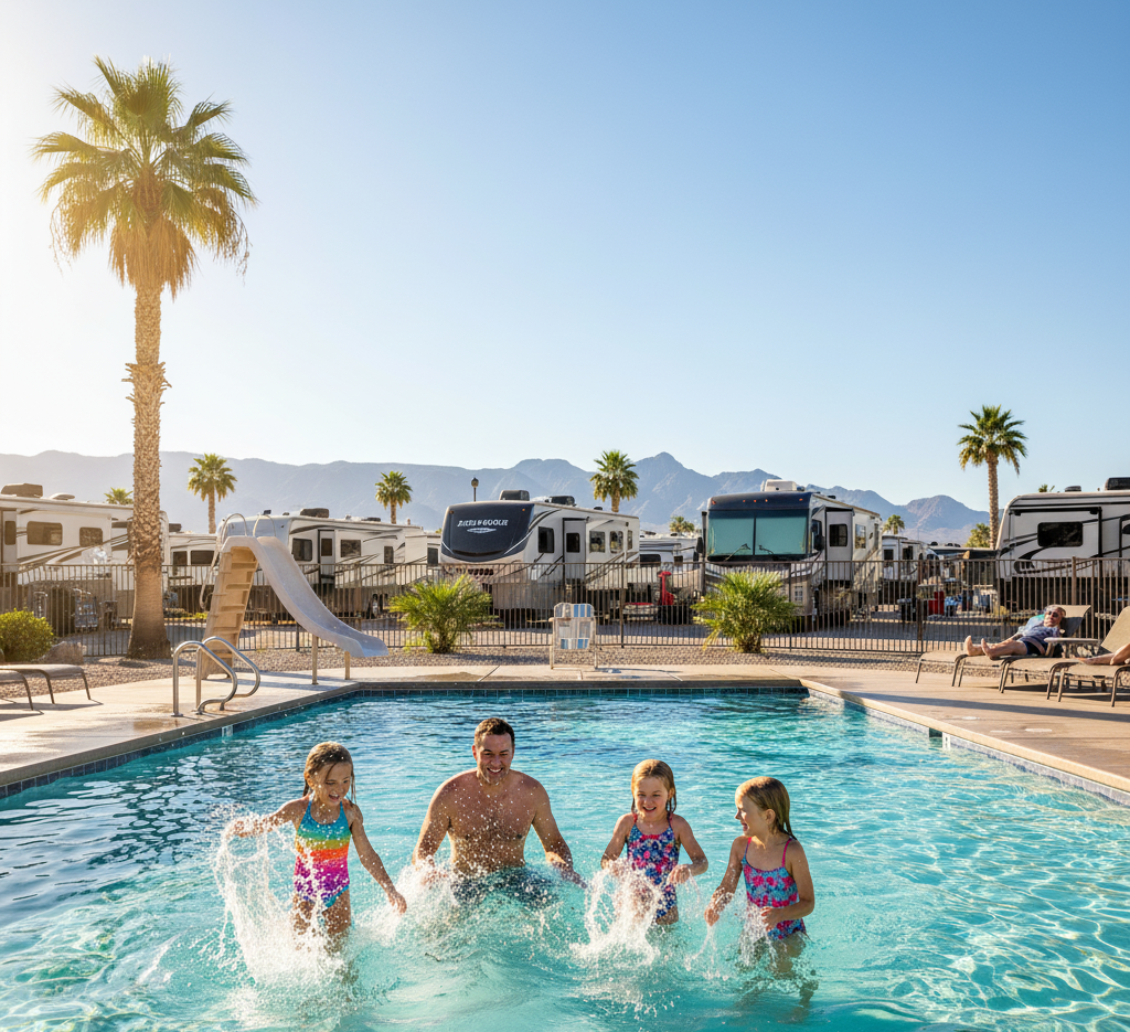 A man and three children splash in an outdoor pool at an RV park, with palm trees, RVs, and mountains in the background under a clear sky.