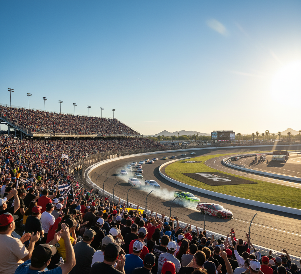 Stock cars race around a curved track in front of a packed grandstand under a clear sky, with one car emitting smoke as spectators cheer.