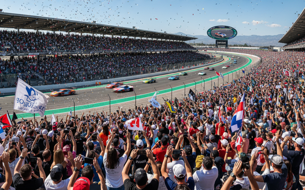 A large crowd in stadium stands cheers as race cars speed around a track during a motorsport event, with confetti falling and flags waving under a clear sky.