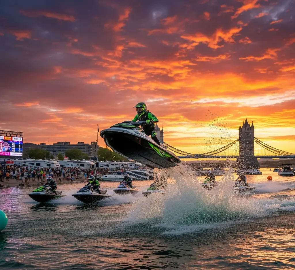 A group of people ride jet skis on a river at sunset, with one person airborne. The Tower Bridge and a crowd are visible in the background.