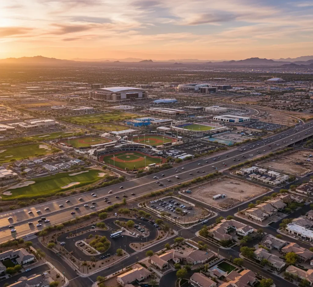 Aerial view of a suburban area at sunset, featuring baseball fields, roads, parking lots, residential homes, and distant stadiums.