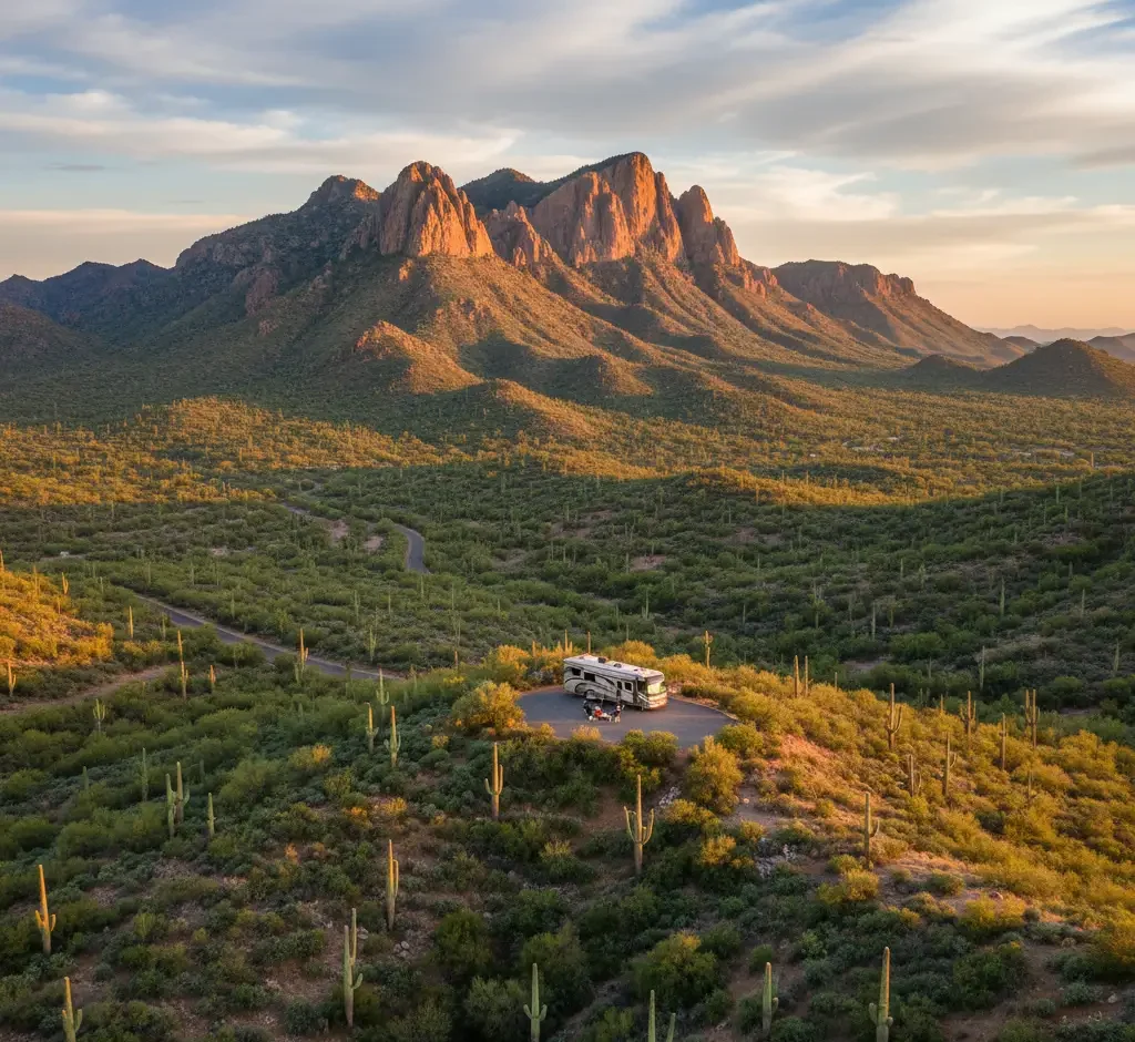 A recreational vehicle is parked at a campsite in a desert landscape with cacti, set against rocky mountains under a partly cloudy sky at sunset.