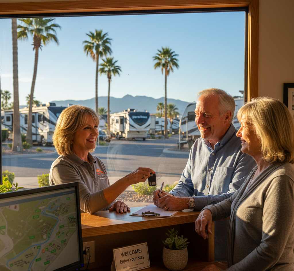 A couple checks in at an RV park reception desk, receiving a key from an employee. RVs and palm trees are visible outside the window under clear, sunny skies.