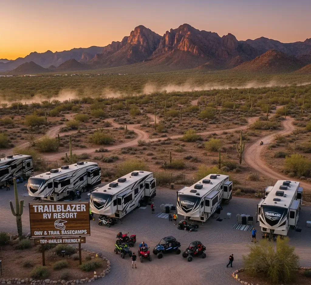Several RVs are parked in a desert campground at sunset, with people gathered nearby and mountains in the background. A sign reads “Trailblazer RV Resort.” Off-road vehicles are also visible.