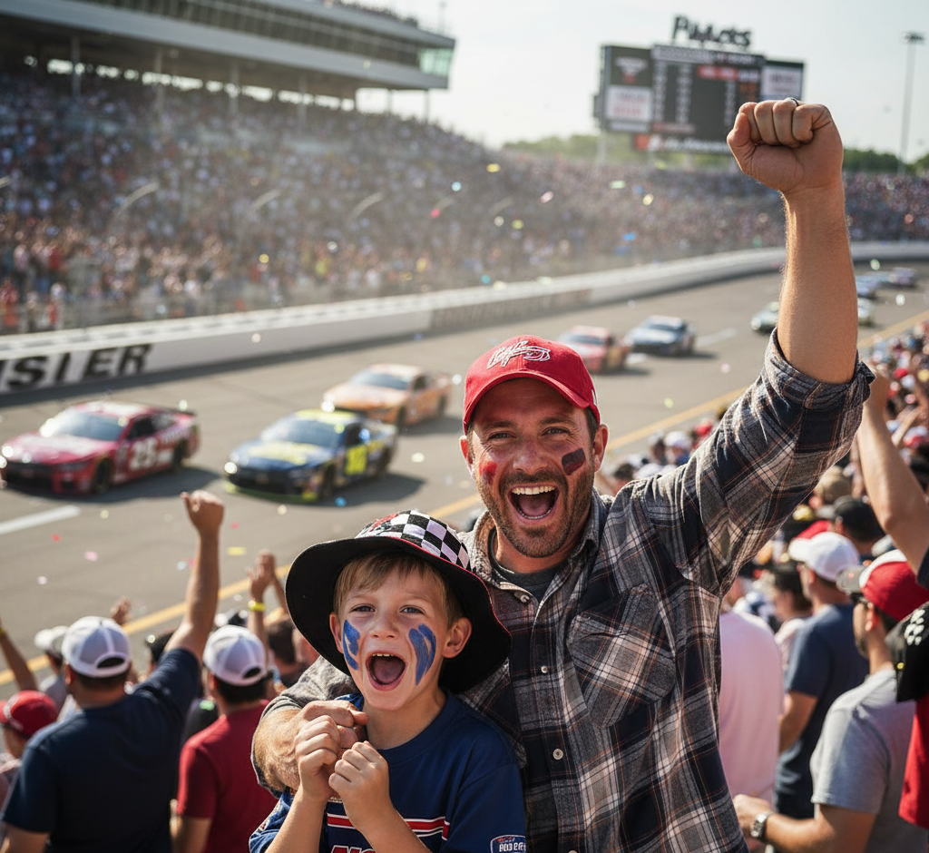 A man and child cheer at a crowded racetrack as race cars speed by; the child has face paint and both wear racing-themed hats.