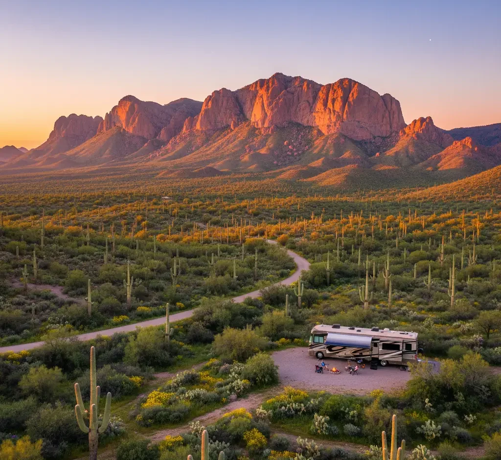 A motorhome is parked at a campsite in a desert landscape with cacti, with mountains and a sunset sky in the background.